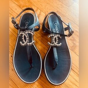 Chanel Black Sandals with Silver Logo